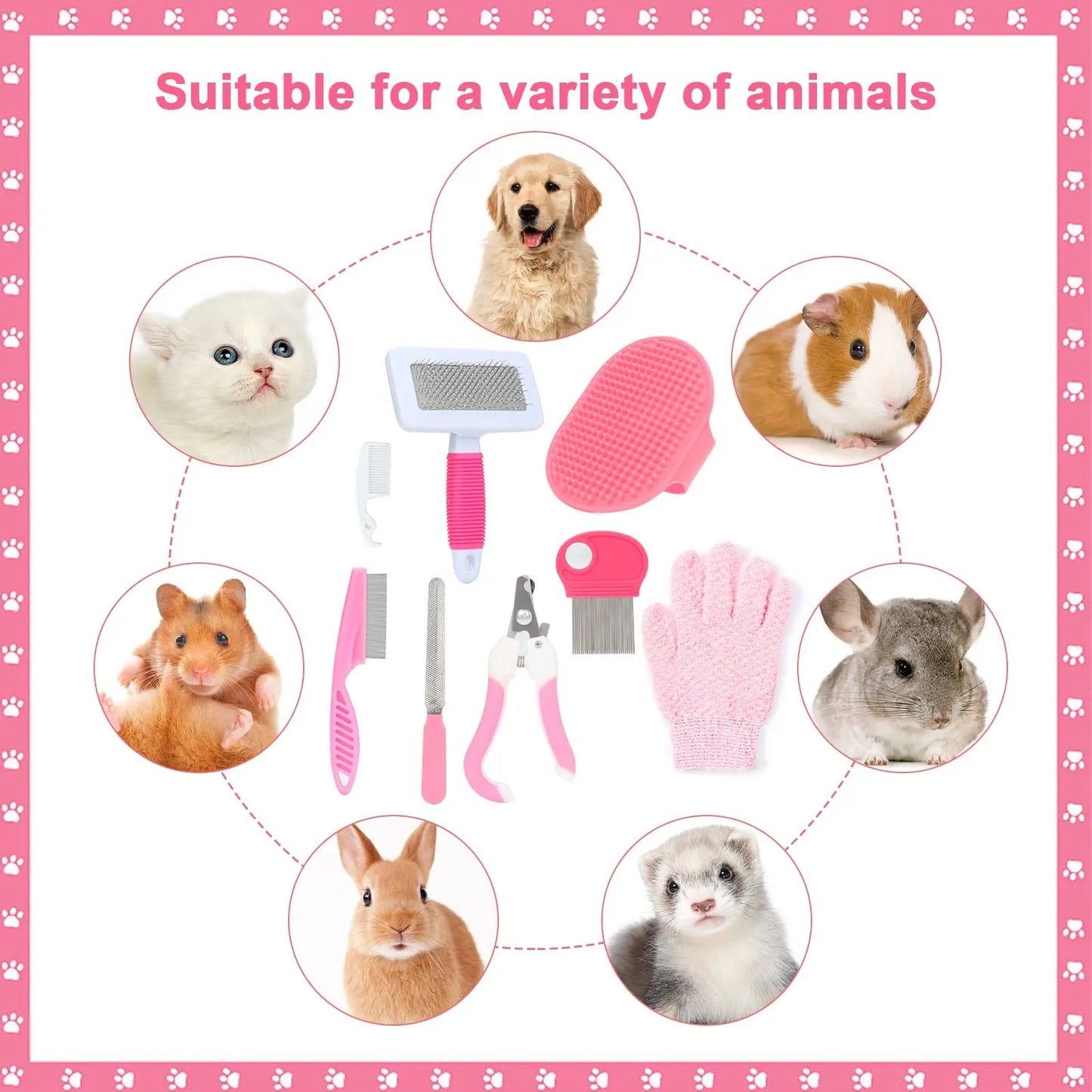 8-piece small animal pink beauty set rabbit beauty set with pet nail clippers and file flea comb