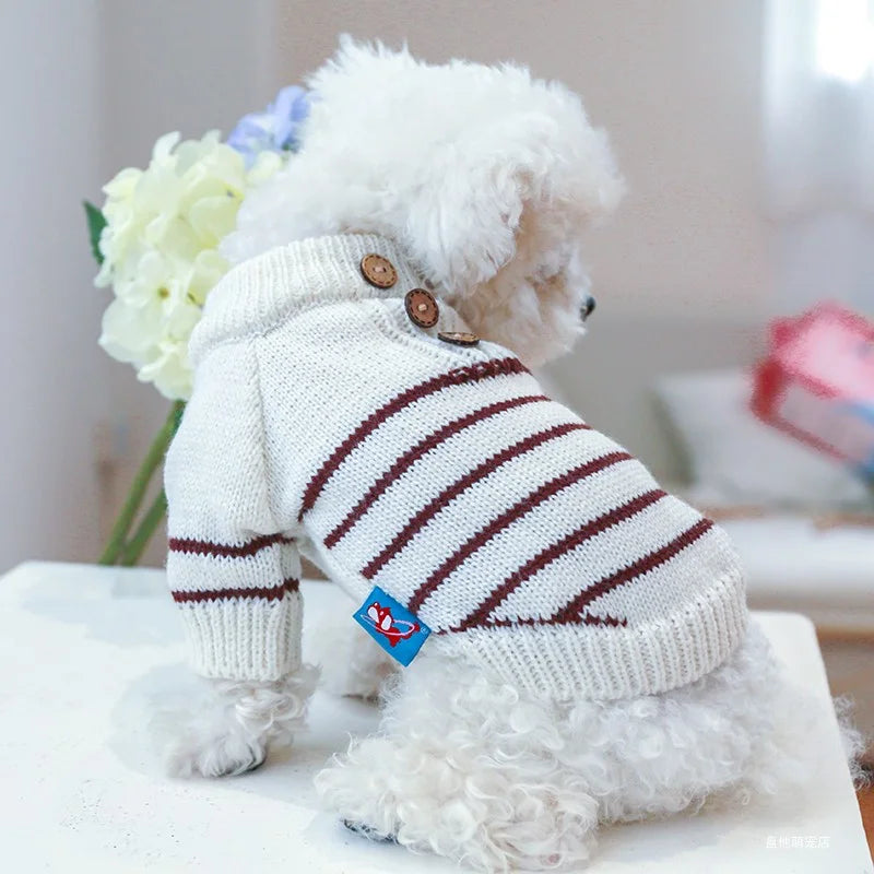 1PC Pet Clothing Cat Autumn and Winter Thickened Beige Stripe Pullover Elastic Knitted Sweater Suitable for Small and Medium Dog