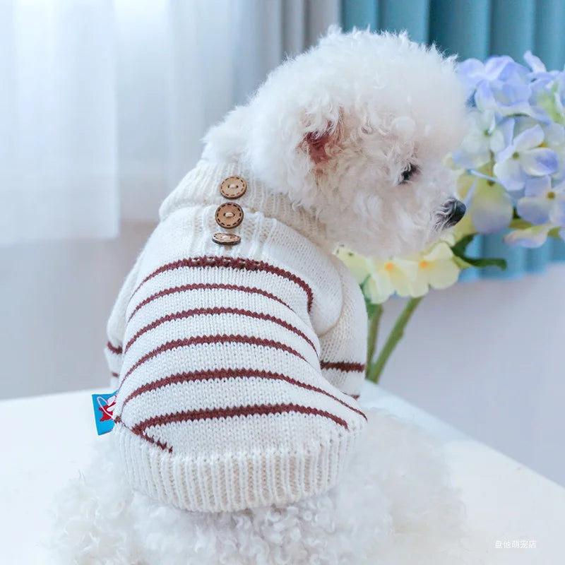 1PC Pet Clothing Cat Autumn and Winter Thickened Beige Stripe Pullover Elastic Knitted Sweater Suitable for Small and Medium Dog