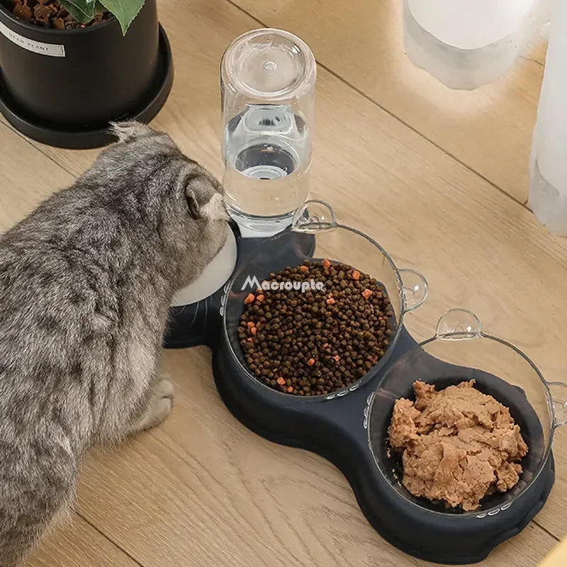 Pet Cat Bowl Automatic Feeder 3-in-1 Dog Cat Food Bowl With Water Fountain Double Bowl Drinking Raised Stand Dish Bowls For Cats