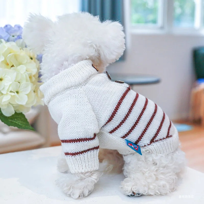 1PC Pet Clothing Cat Autumn and Winter Thickened Beige Stripe Pullover Elastic Knitted Sweater Suitable for Small and Medium Dog