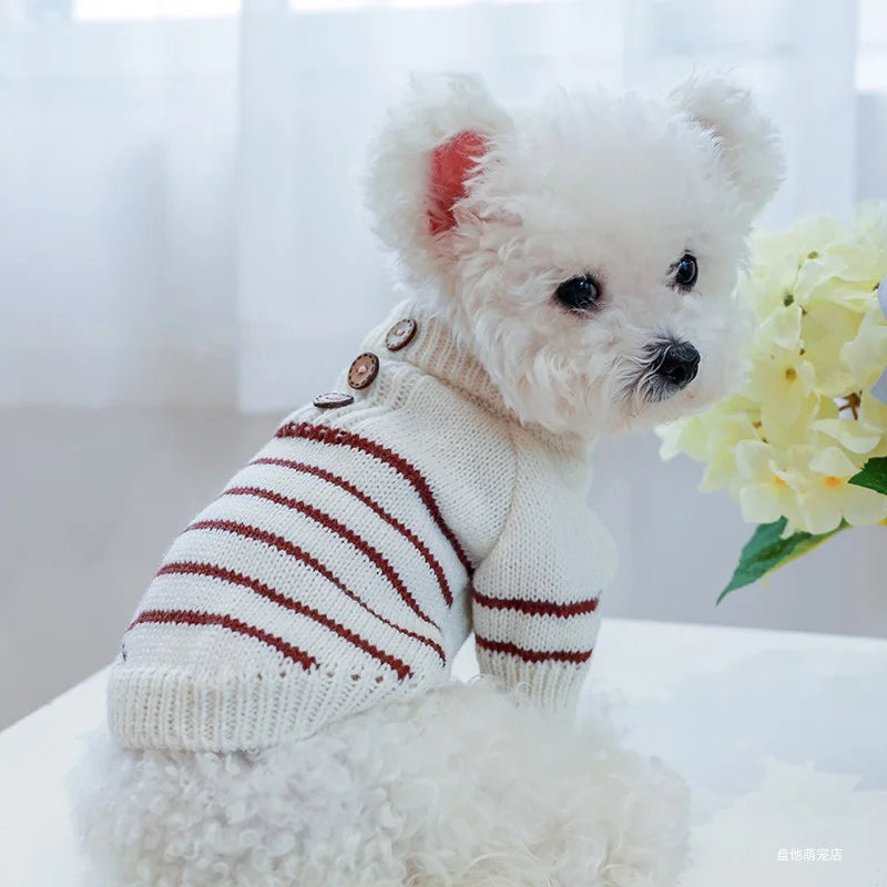 1PC Pet Clothing Cat Autumn and Winter Thickened Beige Stripe Pullover Elastic Knitted Sweater Suitable for Small and Medium Dog