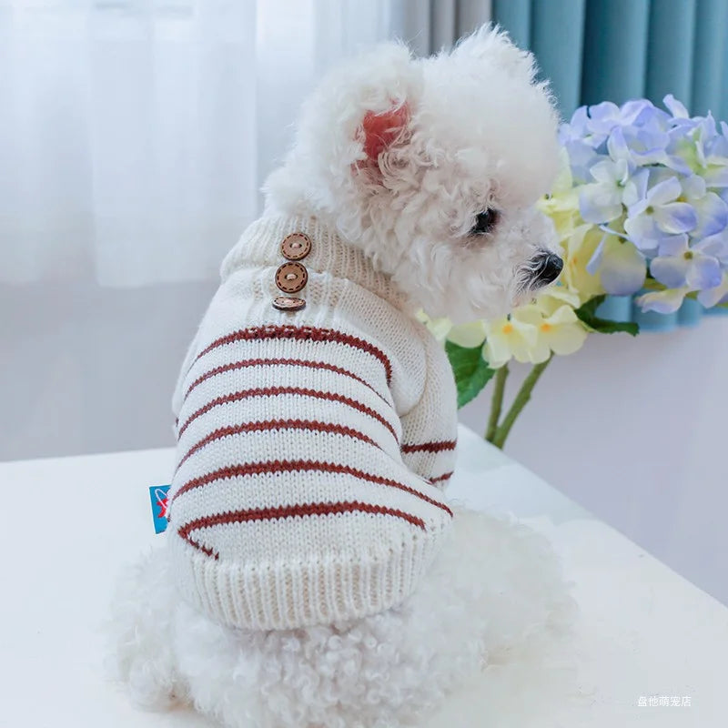 1PC Pet Clothing Cat Autumn and Winter Thickened Beige Stripe Pullover Elastic Knitted Sweater Suitable for Small and Medium Dog